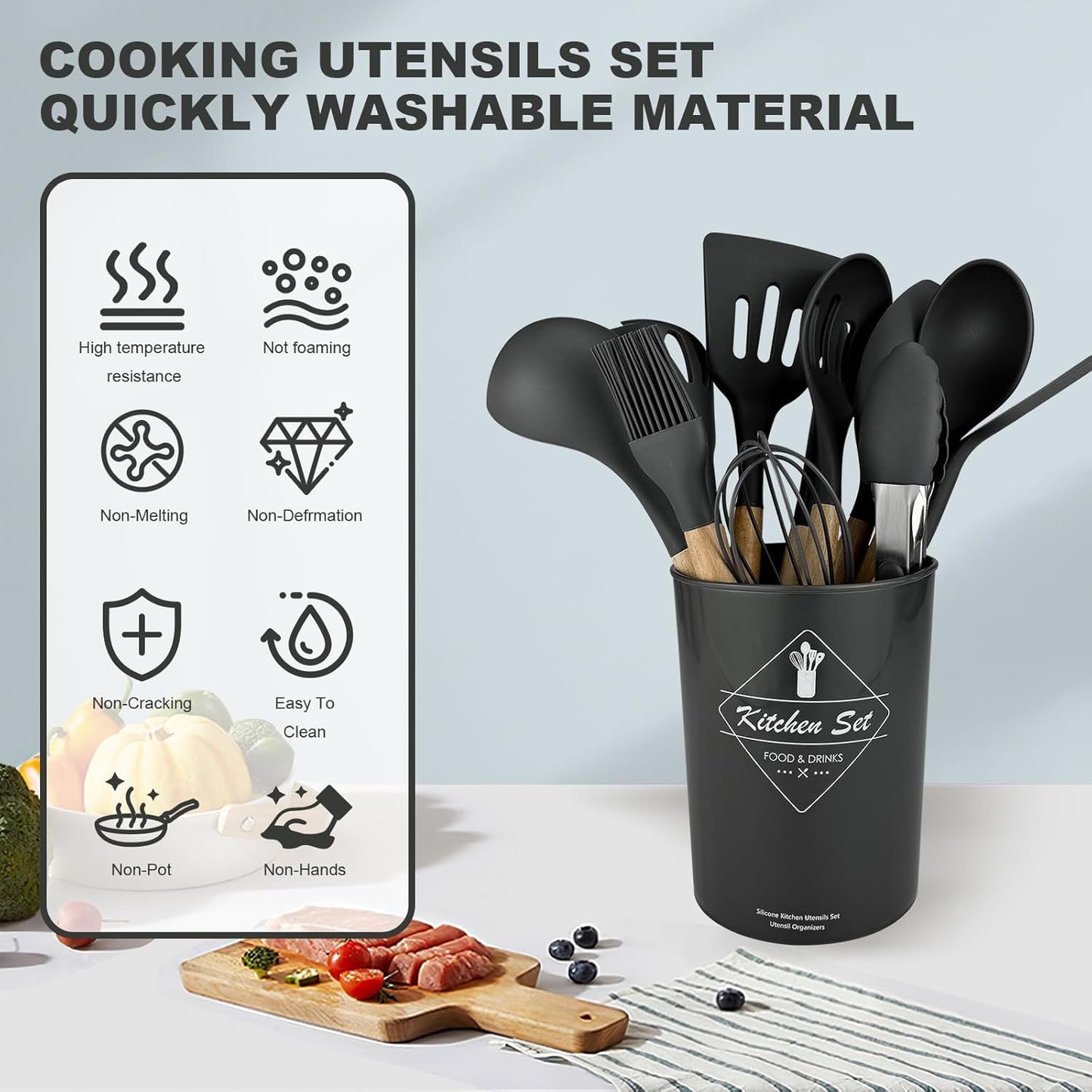 12 pcs Silicone Cooking Utensils Kitchen Utensil Set with Holder Heat Resistant Silicone Spatula Turner Set Wooden Spoons Kitchen Gadgets Tools Cooking Utensils for Nonstick Cookware (White)