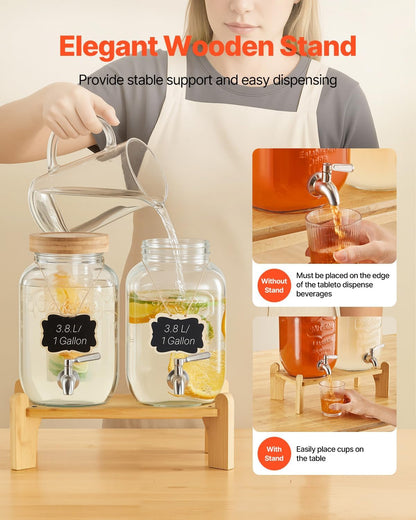 VEVOR Beverage Dispenser, 3 Pack 2 Gallon Drink Dispensers for Parties, Glass Juice Dispenser with Metal Stand, Stainless Steel Spigot, Infuser, Iced Tea Lemonade Juice Water Dispensers for Parties