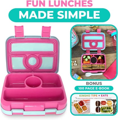 Kids Lunch Box - Bento Box for Boys Toddler Daycare, 4 Portion Sections with Lid, Snack Container Pre-School Kid Lunches Toddlers Removable Tray BPA Free, 3+ Years Old, Blue Rocket Dinosaur