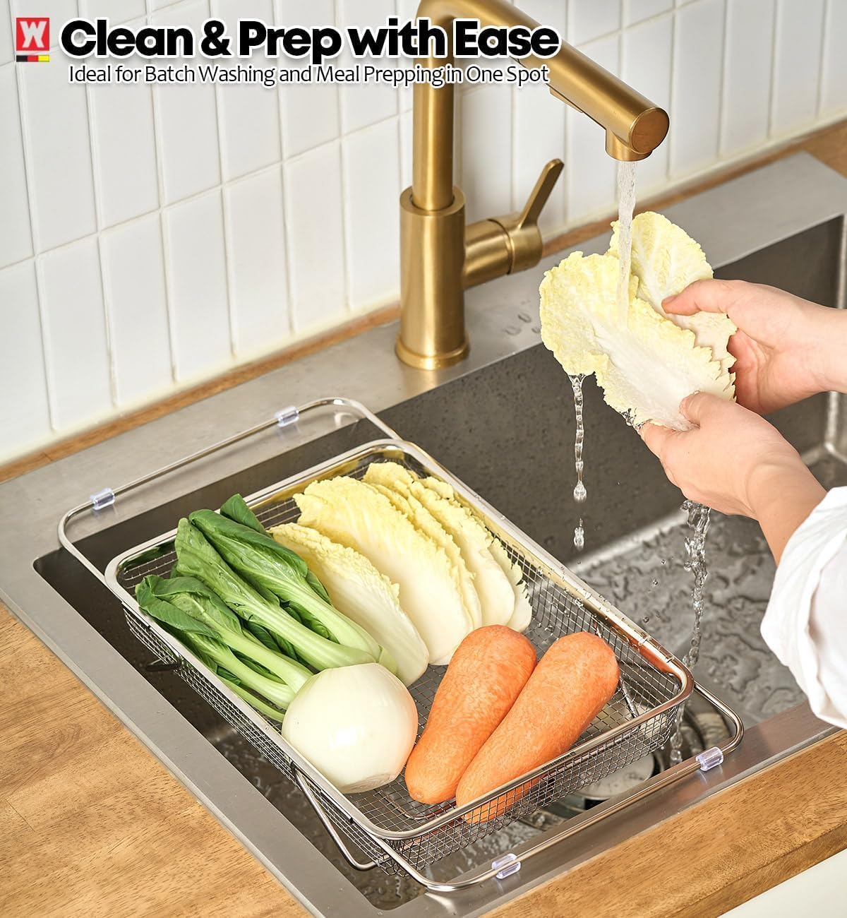 WAGENSTEIGER Extendable Dish Rack with Feet, Vegetable Colander Basket, Stainless Steel Dish or Silverware Drying Rack, Ultimate Kitchen Organizer Over the Sink (11.81 x 8.27 x 2.76 Inches)