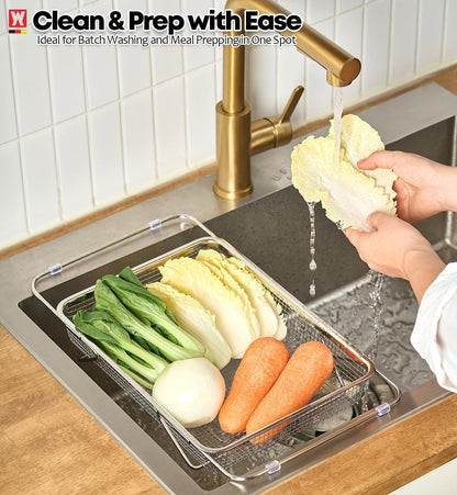 WAGENSTEIGER Extendable Dish Rack with Feet, Vegetable Colander Basket, Stainless Steel Dish or Silverware Drying Rack, Ultimate Kitchen Organizer Over the Sink (11.81 x 8.27 x 2.76 Inches)