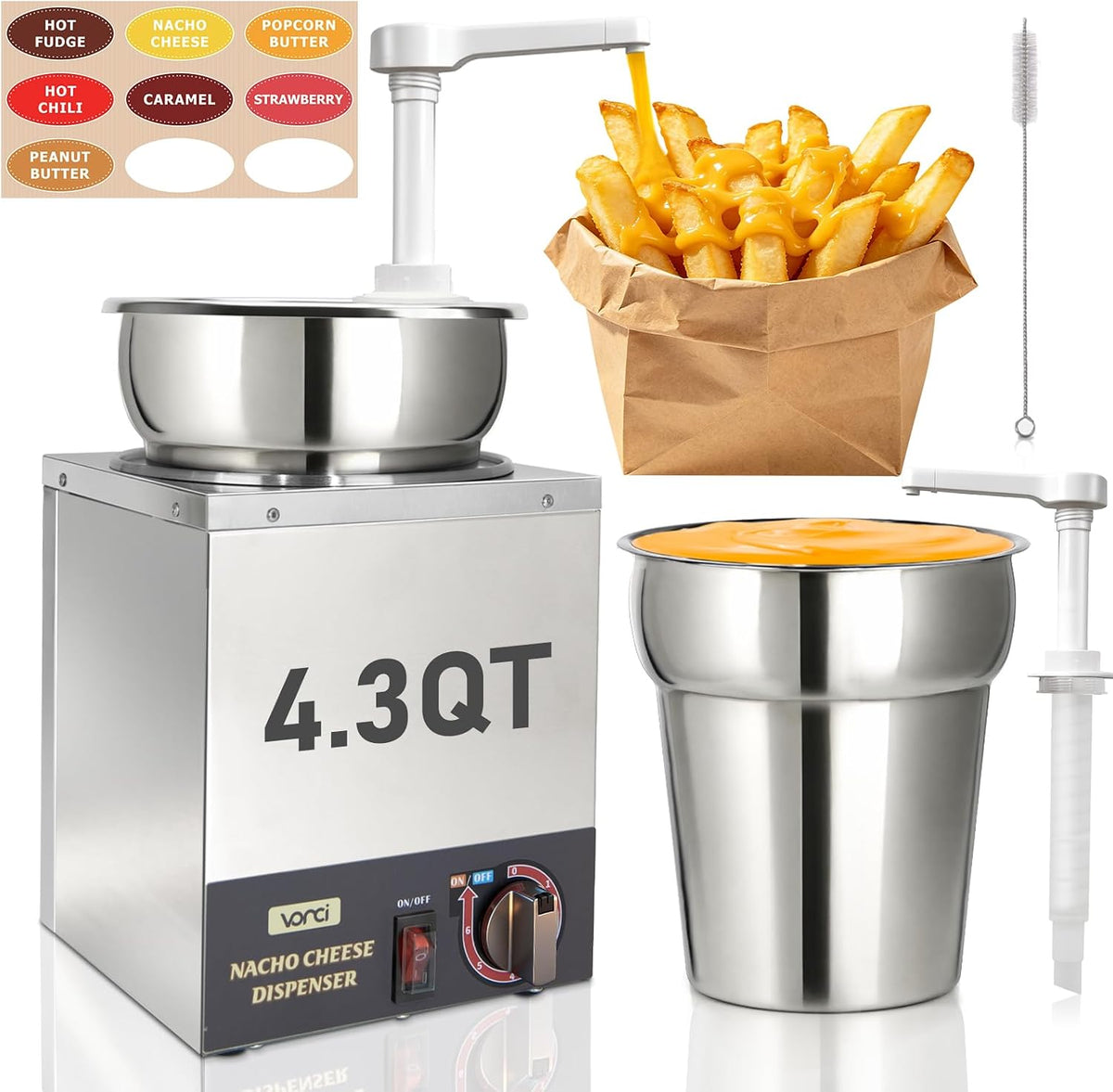 VONCI Nacho Cheese Dispenser, 2.8 Qt（2.5L） Nacho Cheese Warmer with Plastic Pump, Hot Fudge Dispenser with 6-Level Temperature Adjustment, Commercial Cheese Dispenser for Hot Fudge Cheese Caramel