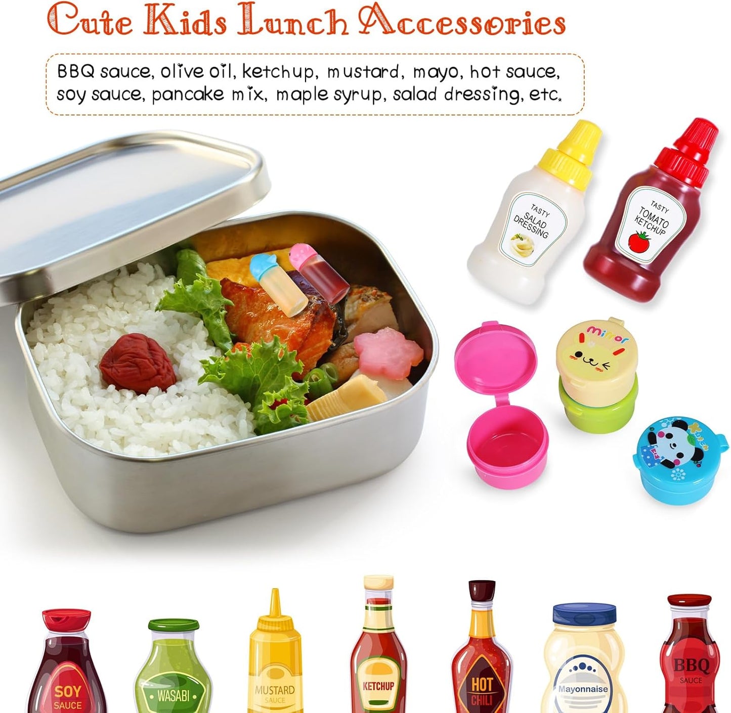 50 Pcs Kids Bento Box Accessories Including Food Picks Mini Condiment Bottles Ketchup Squeeze Bottles, Mini Soy Sauce Container with Funnel for Kids School Bento Camping Office Accessories (Animal)
