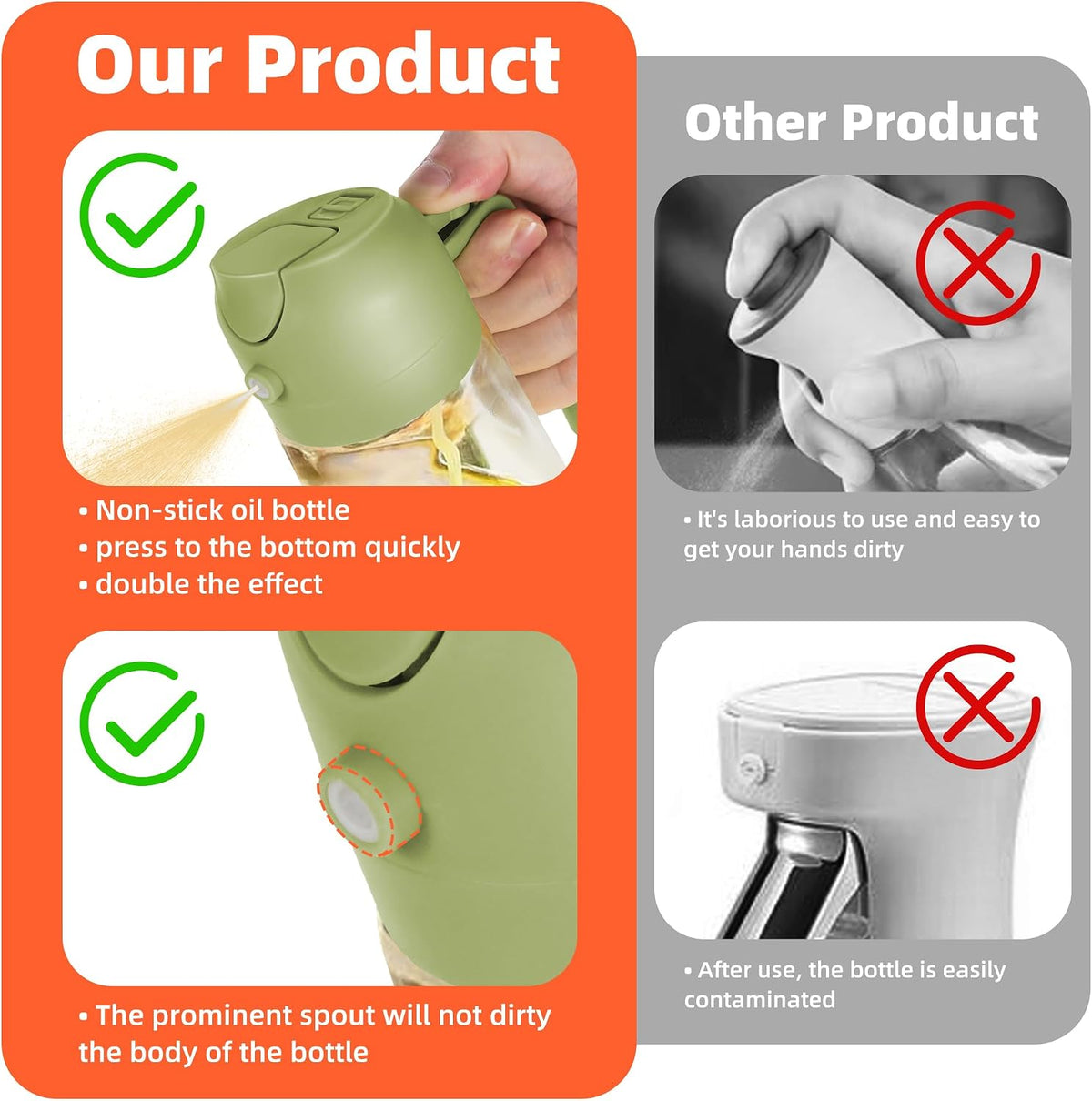 TrendPlain 16oz/470ml Glass Olive Oil Sprayer for Cooking – 2 in 1 Olive Oil Dispenser Bottle for Kitchen Gadgets and Air Fryer Accessories, Salad, BBQ - Black