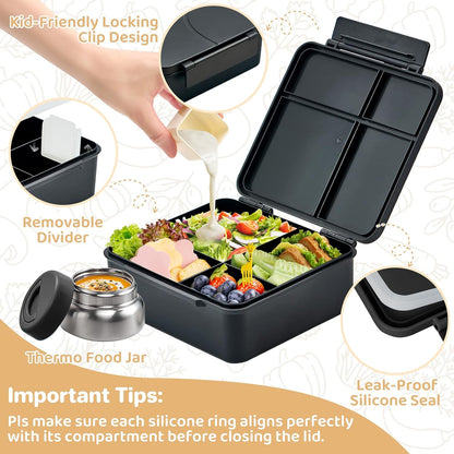 JSLOVE Bento Lunch Box with Leak Proof Thermos Food Jar for Kids, Food Lunch Containers for Boys with 4 Compartments, BPA-Free with Utensils, Food Picks, Sauce Jar & Silicone Lunch Box Dividers