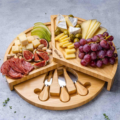 Bamboo Cheese Board and Knife Set – 14 inch Round Charcuterie Board, Serving Tray, Platter, Wood Cheeseboard Set with Slide-Out Drawer – BlauKe®