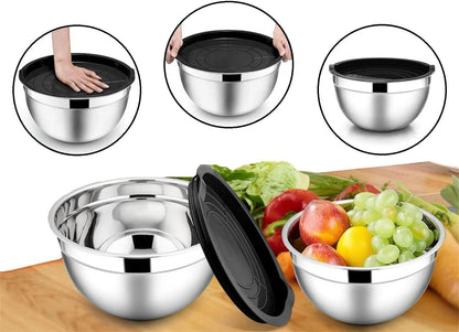 TEEM Stainless Steel 304 Mixing Bowls with Lids, Set of 3 Large Medium Small 1.5L 2L 3L (1.6QT 2.1QT 3.2QT) Food-Grade Metal Nesting Salad Bowls - Rust-Resistant, Dishwasher Freezer Safe