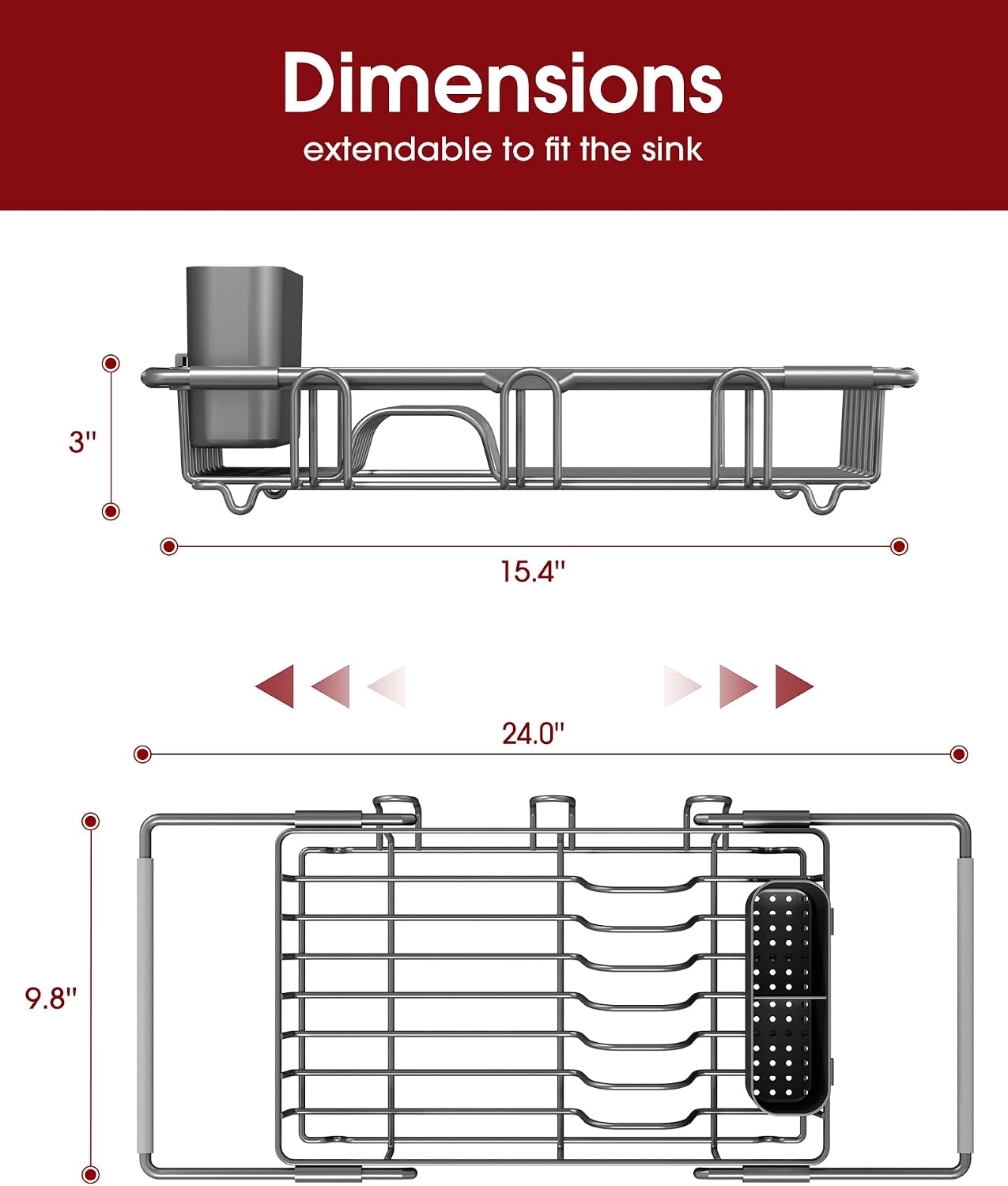 Sakugi Dish Drying Rack in Sink - Expandable Stainless Steel Dish Rack Over the Sink, Kitchen Sink Drain Strainer with Cutlery Holder & Cup Holders, 15.4 x 9.8 x 3.0 Inch, Black