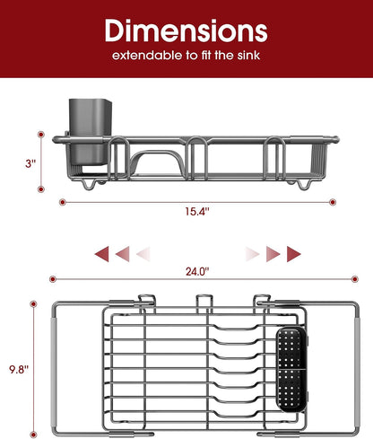 Sakugi Dish Drying Rack in Sink - Expandable Stainless Steel Dish Rack Over the Sink, Kitchen Sink Drain Strainer with Cutlery Holder & Cup Holders, 15.4 x 9.8 x 3.0 Inch, Black