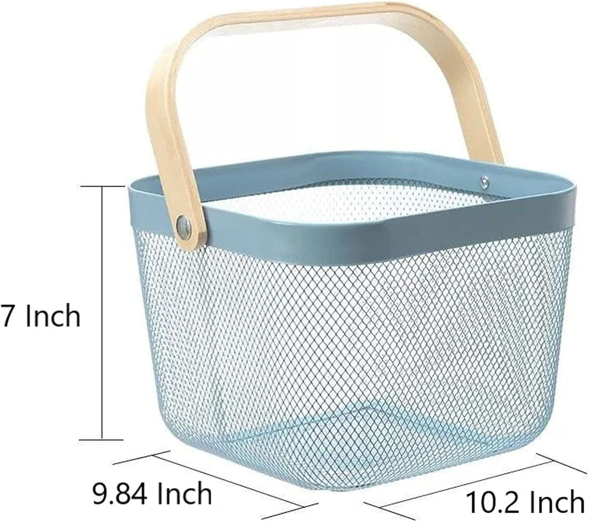 AJIODA Metal Mesh Steel Basket, Storage Organizer Basket Multi-functional Hanging Kitchen Baskets Fruit Basket Bin with Bamboo Handle for Kitchen Bathroom Picnic Shopping Decor Cabinet Home, Blue