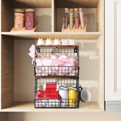 Mefirt 2pcs Fruit Basket Kitchen Storage Basket with Wood Lid, Stackable Wall Basket Fruit Basket for Kitchen, Countertop Organizer for Snack, Fruit and Veggie Storage, 11.8 x 7.9 x 8.5 Inch