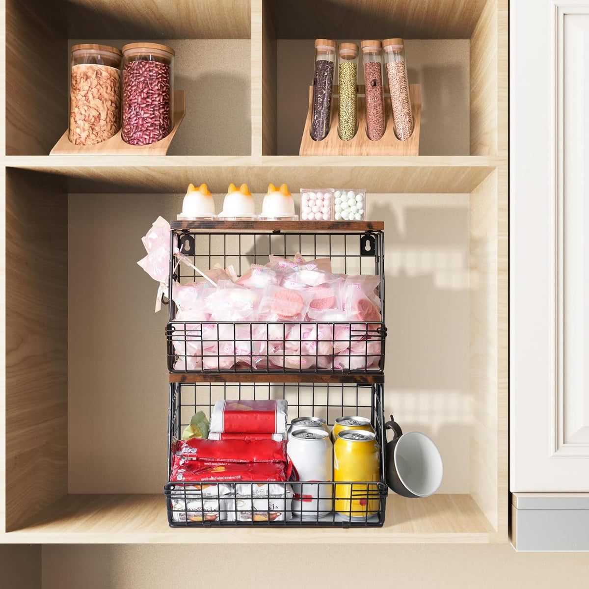 Mefirt Fruit Basket, 2-Tier Fruit Bowl for Kitchen Counter, Stackable Wall Mounted Fruit Storage, Snack Organizer, Potato and Onion Storage Basket, Hanging Pantry Storage with Wood Lid, 2 Set, White