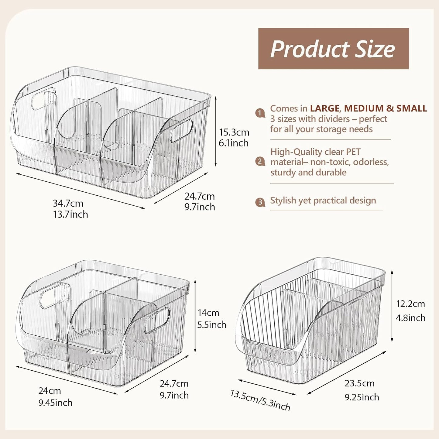 Set of 3 Pantry Organizers and Storage Bins with Removable Dividers - Clear Plastic Storage Box for Cabinet, Kitchen, Fridge, Bathroom, Home Organization Food Containers, Large Medium Small