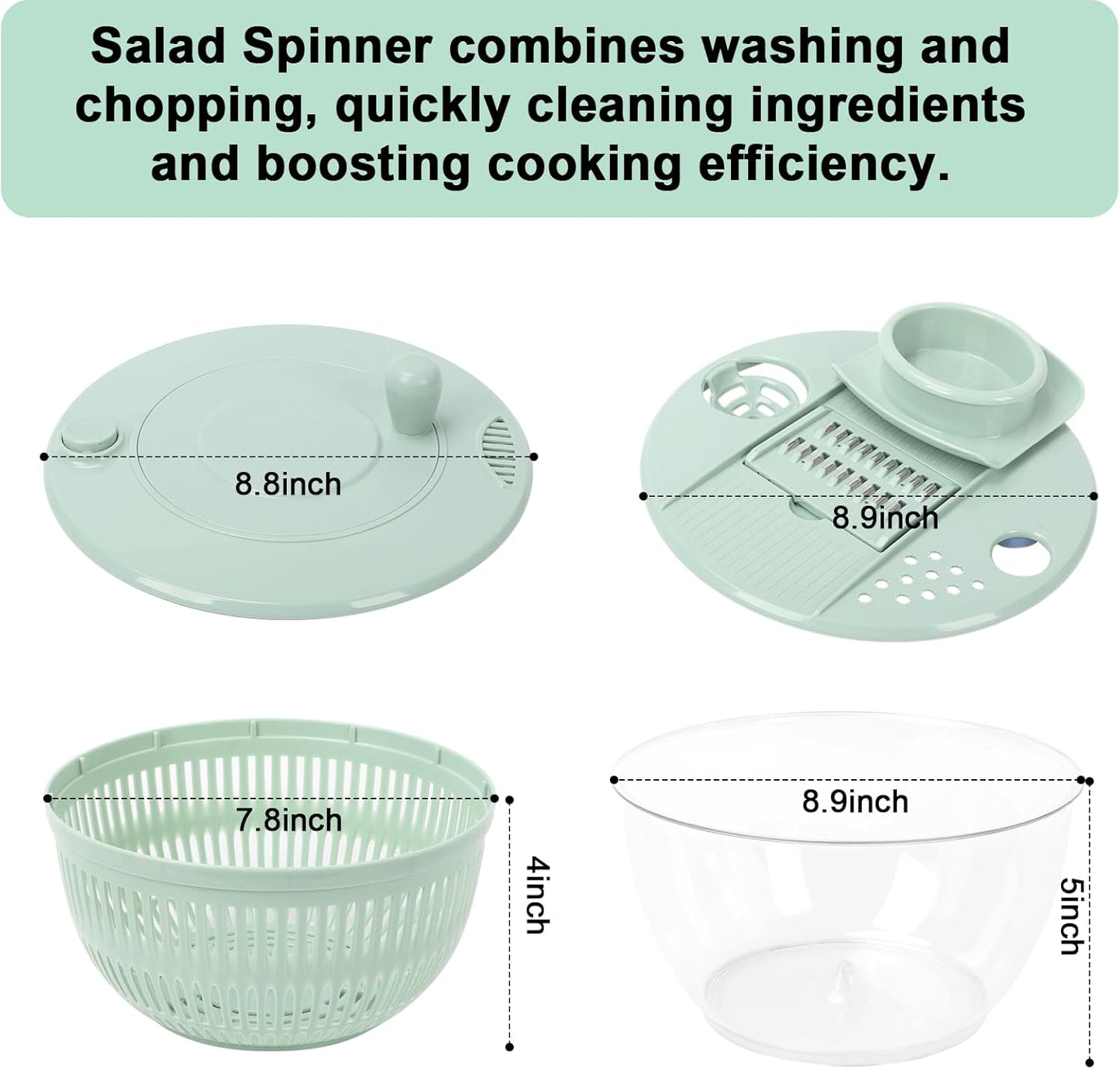 Salad Spinner Large, 5.3 QT 5 IN 1 Lettuce Spinner Dryer with 5 Blades Slicing and Pureeing Vegetables Wash Bowl Kitchen Gadgets for Efficient Salad Preparation Food Washing