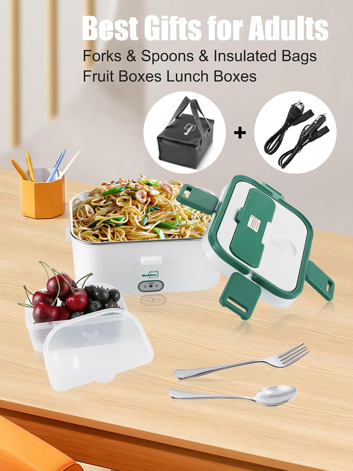 Buddew Electric Lunch Box for Adults, 80W Heated Lunch Box 1.8L Stainless Steel Portable Food Warmer,12/24/110V Lonchera Electrica Portatil for Travel & Work, Loncheras para Hombres de Trabajo