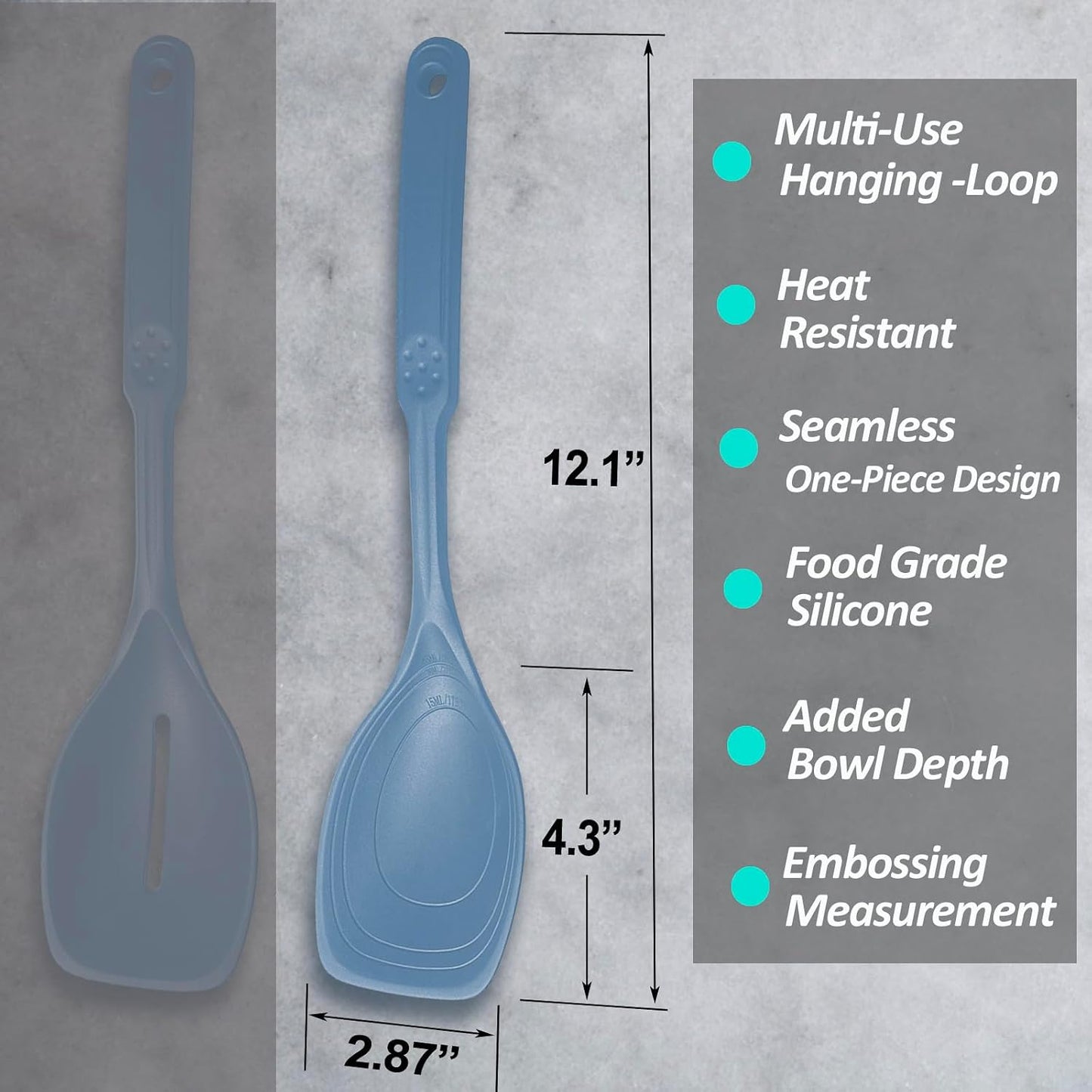 Large Silicone Cooking Spoon, Non-Stick Solid Spoon set with Deep Bolw and Measurement Mark for Mixing, Serving, Draining, Scooping, Scraping, Heat Resistant Kitchen Utensils, Black