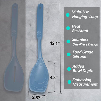 Large Silicone Cooking Spoon, Non-Stick Solid Spoon set with Deep Bolw and Measurement Mark for Mixing, Serving, Draining, Scooping, Scraping, Heat Resistant Kitchen Utensils, Black