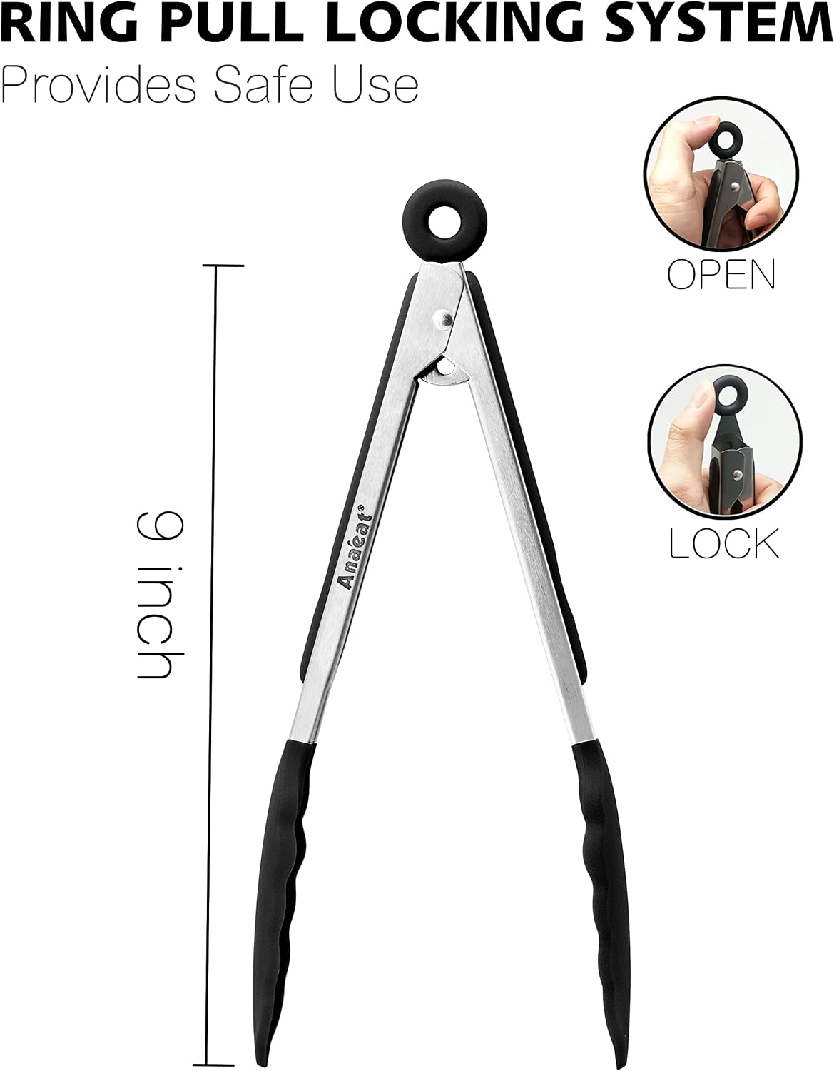 Anaeat Premium Kitchen Locking Tong Set of 3 - Heavy Duty Stainless Steel Food Tongs with Long Handle & Non-Slip Silicone Grip for Cooking, Baking, Grilling - Heat Resistant up to 480°F