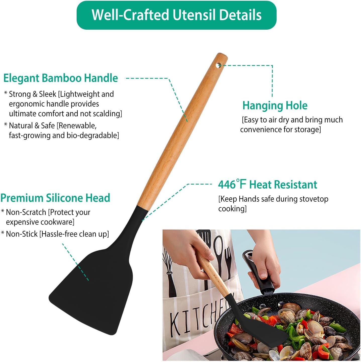 11-Piece Heat-Resistant Silicone Utensil Set with Wooden Handles & Holder — Spatula, Ladle, Tongs, Spaghetti Server, Whisk, Spoon, Carbon-Steel Core, Nonstick-Safe Kitchen Tools