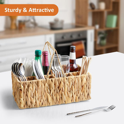 Silverware Holder for Party, Wicker Utensil Caddy, Woven Picnic Caddy for Plates, Water Hyacinth Cutlery Basket, Hosting Essentials Organizer
