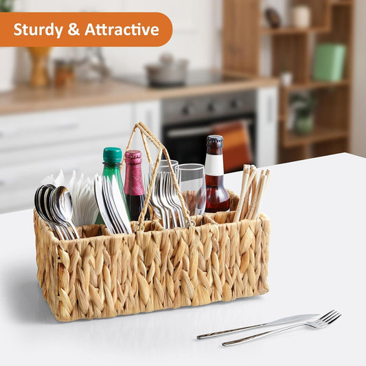 Silverware Holder for Party, Wicker Utensil Caddy, Woven Picnic Caddy for Plates, Water Hyacinth Cutlery Basket, Hosting Essentials Organizer