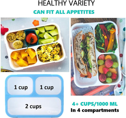 Bento Lunch Box Kids & Adults, Lunch and Snack Containers for Boys & Girls with 3 Compartments - School, Work Daycare, Meal Planning Portion Control Container, BPA-Free Boxes, Utensils, Blue 1 pack