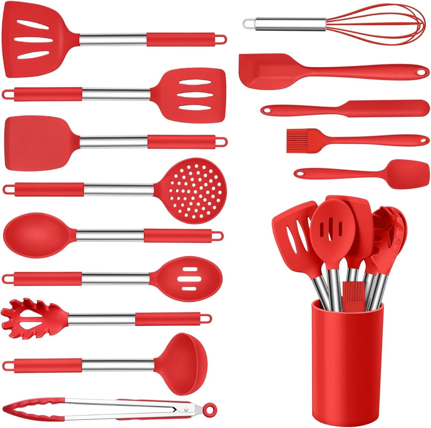 Onader Kitchen Utensils Set, 15 Pcs Silicone Cooking Utensils Set with Holder and Heat Resistant Stainless Steel Handle for Nonstick Cookware - Black