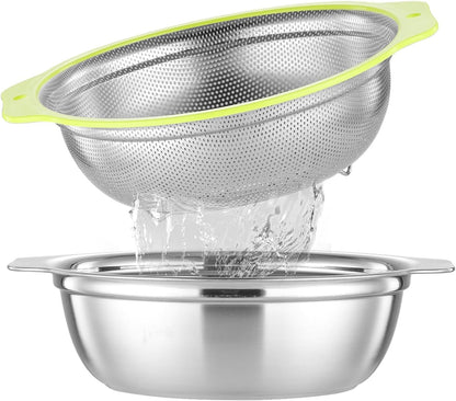Colander Stainless Steel Microporous, 5QT Large Capacity Rice Washer with Mixing Bowl, 12.5’’Rice Strainer Bowl Set with Handle, Food-Grade Strainers and Colanders for Washing Rice, Pasta