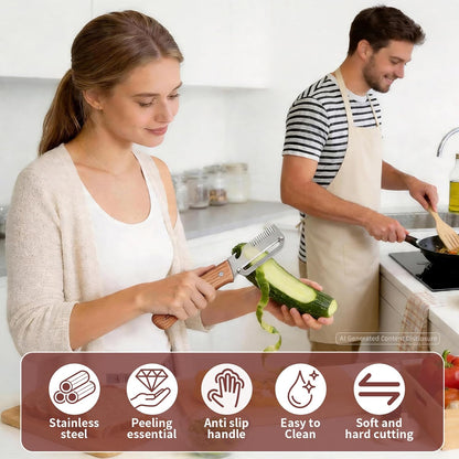 Multifunctional Vegetable Peeler, 3 in 1 Julienne Peeler with Wooden Handle, Vegetable Shredder with Bottle Opener Kitchen Tool for Peeling Veggie Fruit Pineapple Pumpkin Papaya Carrrot(2 Pack)