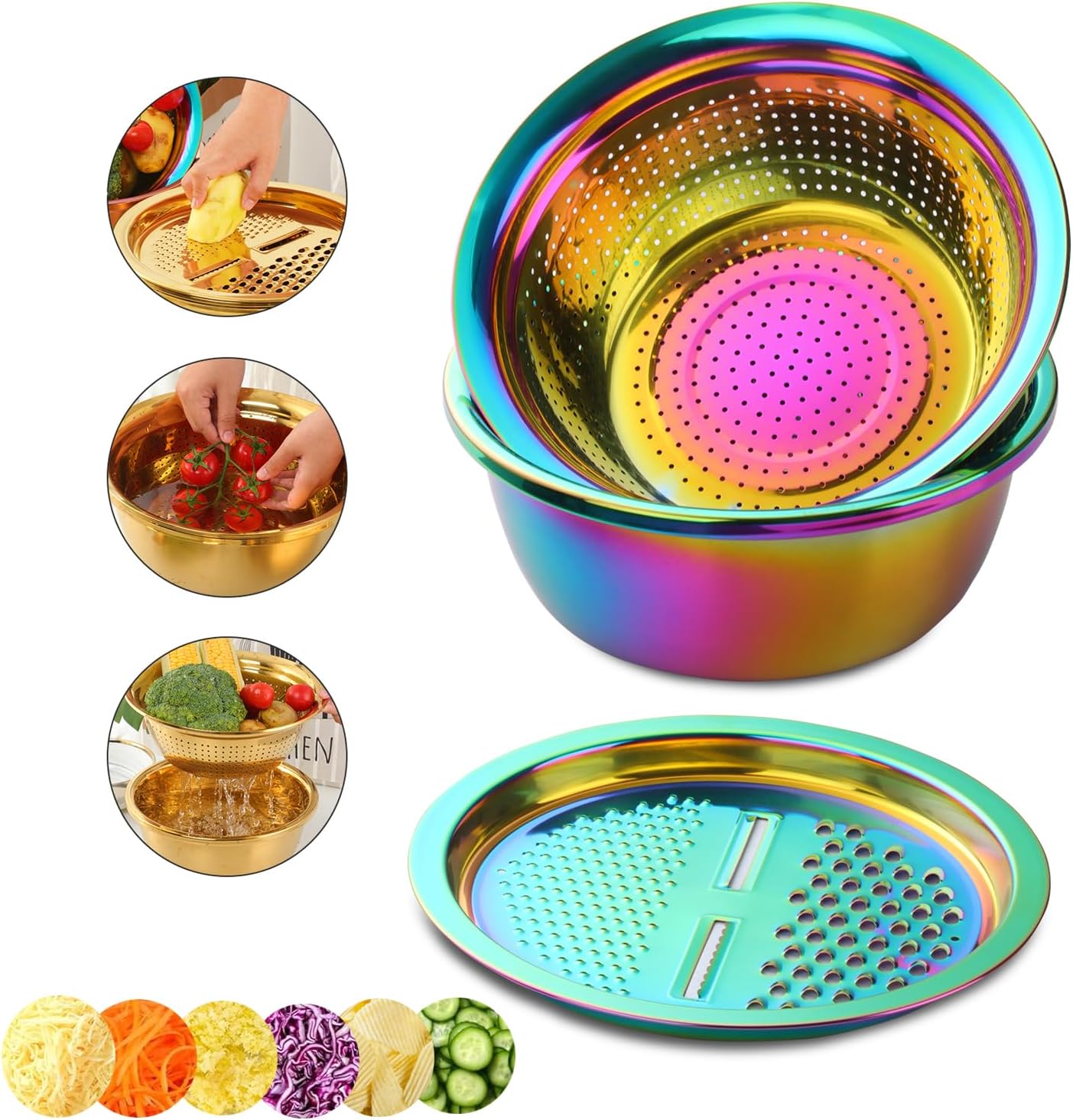 DOCBLACK Colander, 3Pcs Stainless Steel Kitchen Tool 3 in 1 Drain Basket Fruit and Vegetable Cutter Strainer Bowl Set Drain Pot Basket Grater for Fruits Vegetables Rice Washing Mixing - Gold