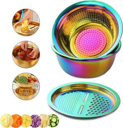 DOCBLACK Colander, 3Pcs Stainless Steel Kitchen Tool 3 in 1 Drain Basket Fruit and Vegetable Cutter Strainer Bowl Set Drain Pot Basket Grater for Fruits Vegetables Rice Washing Mixing - Gold