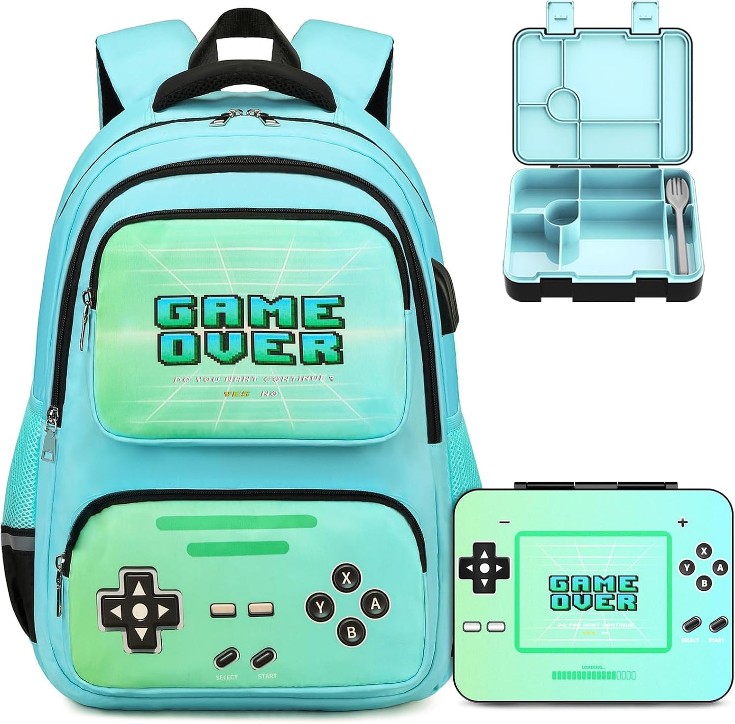 ACESAK Game luminous Boys Backpack - Bento Box with Insulated Lunch Bag Pencil Case, Utensils Set for Kids, 6 Leakproof Compartments Removable Tray Lunches or Snack Container (Blue)