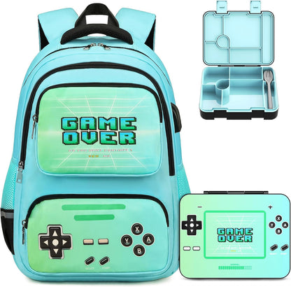 ACESAK Game luminous Boys Backpack - Bento Box with Insulated Lunch Bag Pencil Case, Utensils Set for Kids, 6 Leakproof Compartments Removable Tray Lunches or Snack Container (Blue)