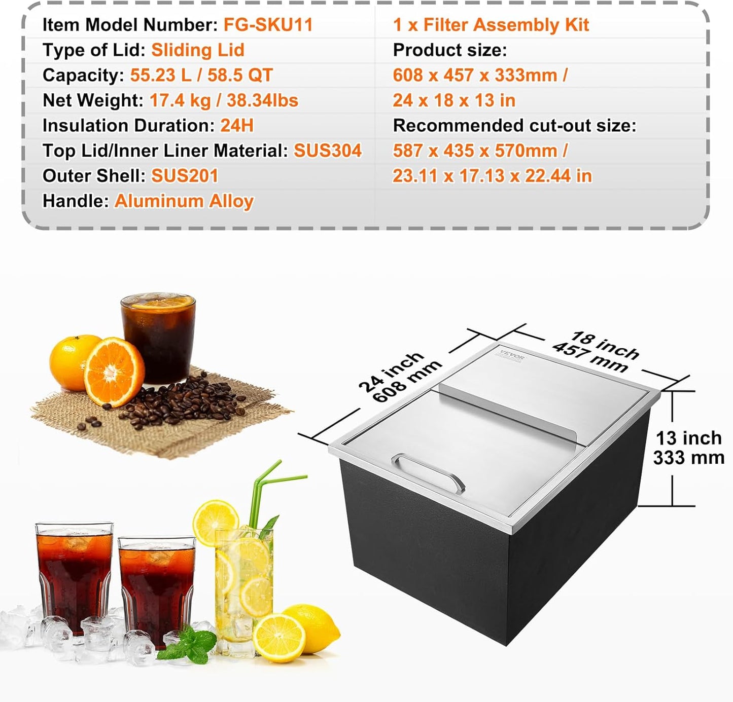 Happybuy Drop in Ice Chest 18L x 12W x 14.5H Inch Stainless Steel Ice Cooler with Sliding Cover Drop in Ice Bin Included Drain-Pipe and Drain Plug for Cold Wine Beer