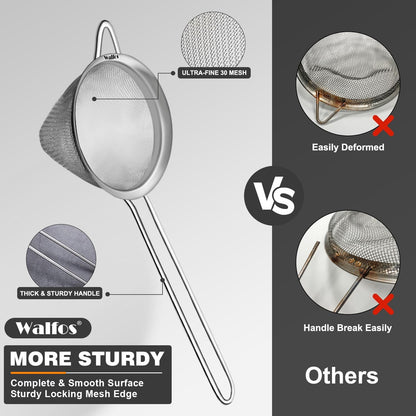 Walfos 6.3 Inch Fine Mesh Strainer, Premium Stainless Steel Sieve and Sifter with Handle, Kitchen Metal Strainers for Rice, Quinoa, Fruits, Noodles, Flour