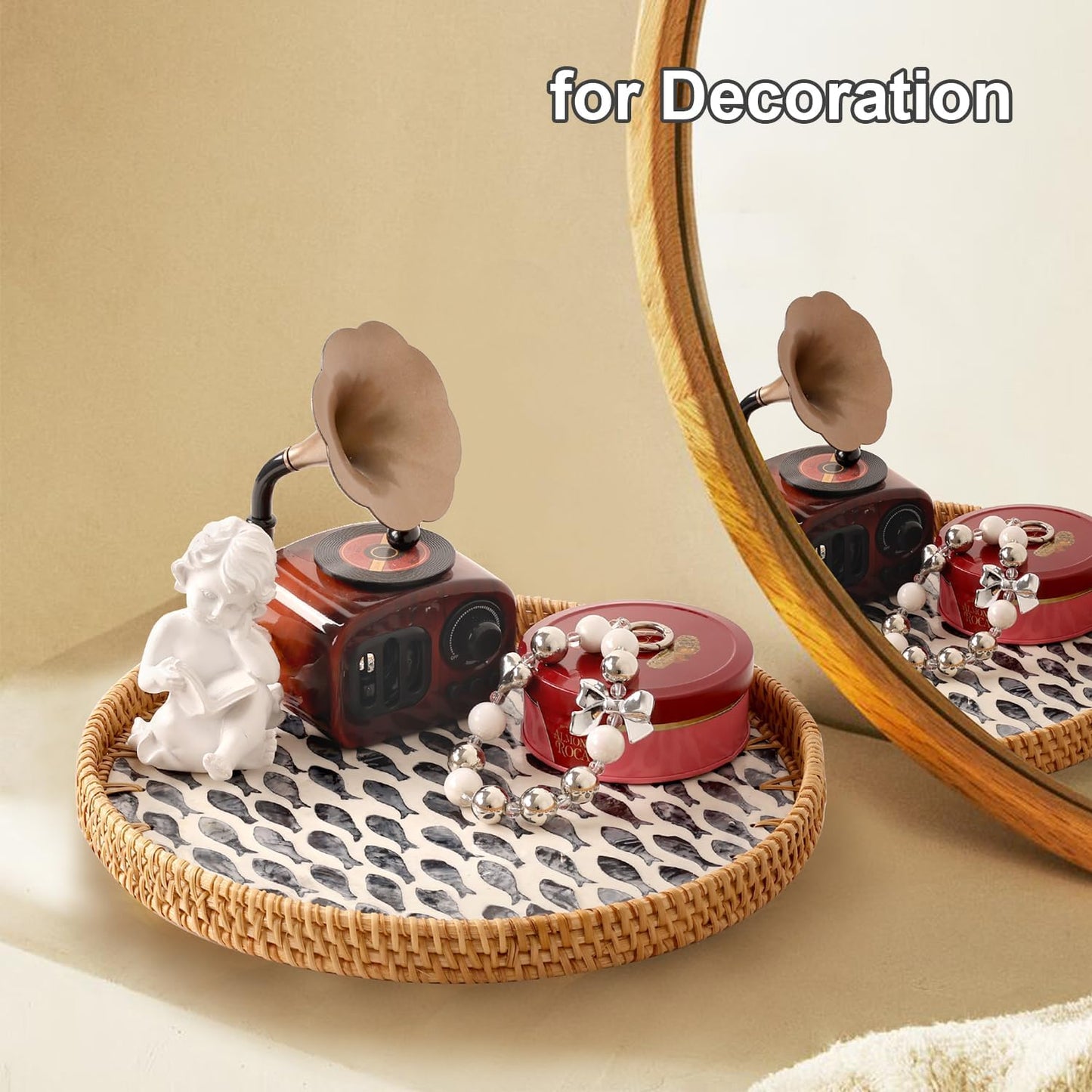 Round Rattan Tray with Mother of Pearl Inlay, Rattan Serving Tray for Coffee, Bread, Fruits, Decorative Wicker Tray for Table Decor, Home Decor, Kitchen Island Decor(Black Checkerboard, 11.8")