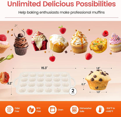 Silicone Muffin Pans With Metal Reinforced Frame - 24 Cups Durable Silicone Baking Pan for Muffins, Cupcakes, BPA Free and Dishwasher Safe - Beige with Rainbow Spots, Set of 2