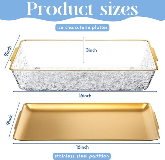Baderke 3 Set 16" x 9'' Chilled Serving Tray for Parties with Compartments Rectangle Serving Dish Ice Charcuterie Party Platter for Shrimp Fruit Seafood Vegetable Appetizer (Silver)