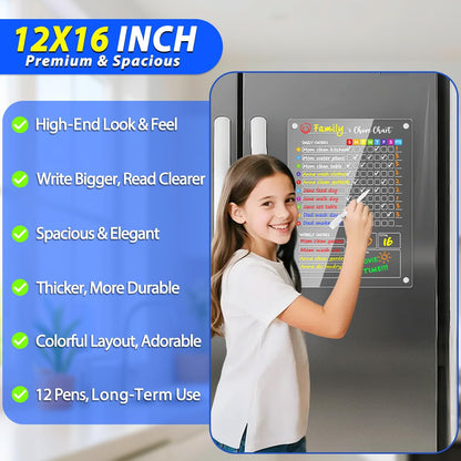 PigPotParty 2-in-1 Acrylic Magnetic Chore Chart for 2 Kids, Couples, Roommates, 15"x11" Large Dry Erase Chore Board for Fridge, Clear Weekly & Daily Reward Chart, Includes 12 Markers & Towel
