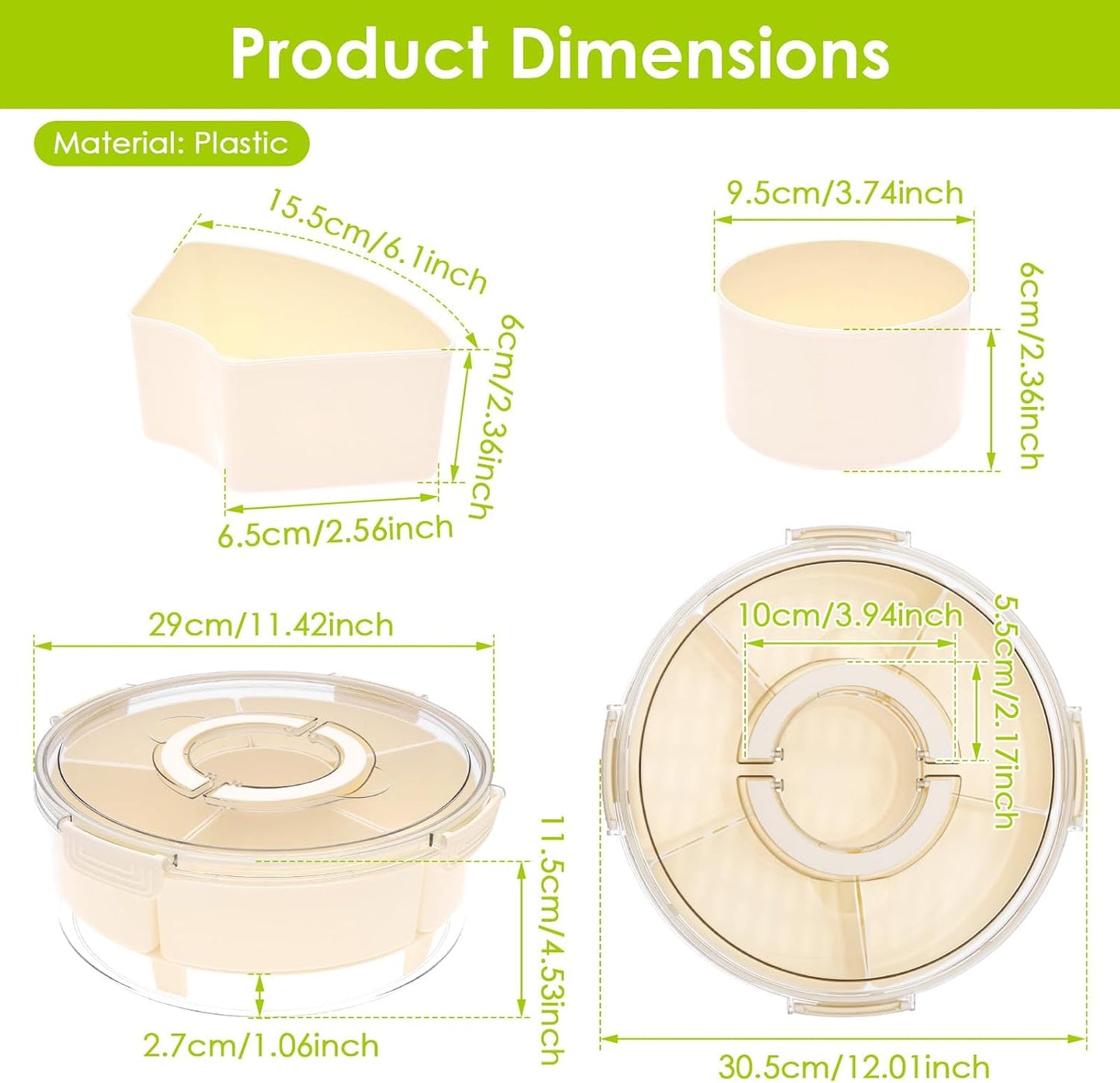 Snack Box Container with Ice Chill Base, 6 Divided Serving Tray with Lid, Handle, Protable Travel Snackle Box Container, Round Veggie and Fruit Tray for Beach, Travel, Picnic, Camping, Kitchen, Party