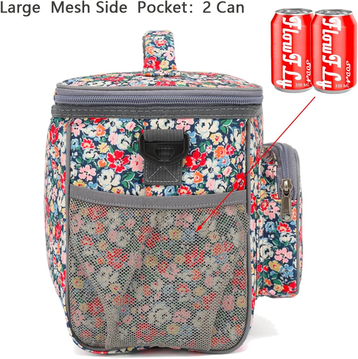 FlowFly Insulated Reusable Lunch Bag Adult Large Lunch Box for Women and Men with Adjustable Shoulder Strap,Front Zipper Pocket and Dual Large Mesh Side Pockets,Cherry - Colors A