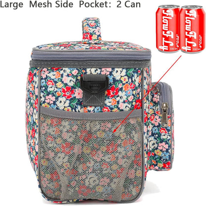 FlowFly Insulated Reusable Lunch Bag Adult Large Lunch Box for Women and Men with Adjustable Shoulder Strap,Front Zipper Pocket and Dual Large Mesh Side Pockets,Cherry - Colors A