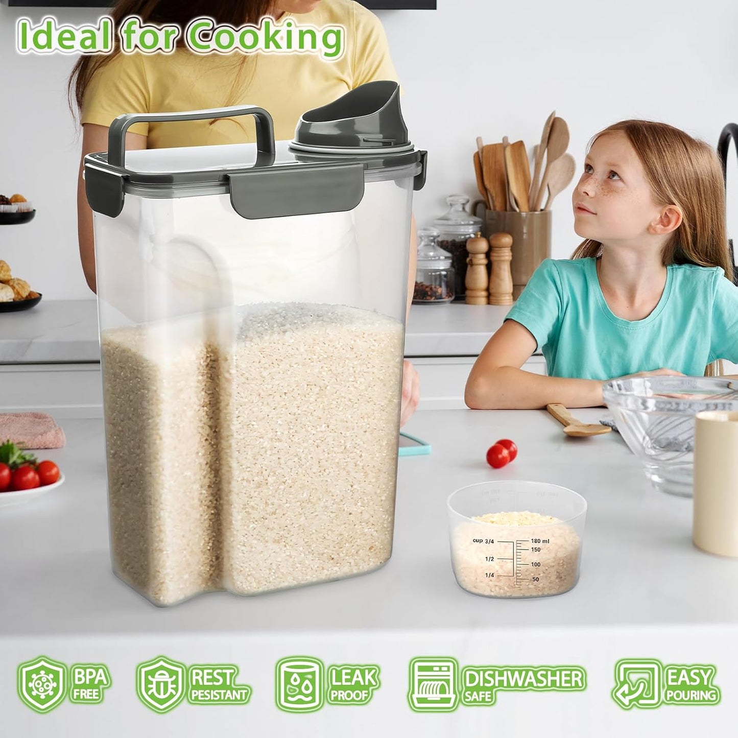 Viretec Rice Storage Container, 15 to 20lb Dry Food Airtight Dispenser, Pet Dog Cat Food Canister, BPA Free Clear Plastic Kitchen and Pantry Bin for Oatmeal, Cereal, Pasta, Flour Pack of 2 Grey