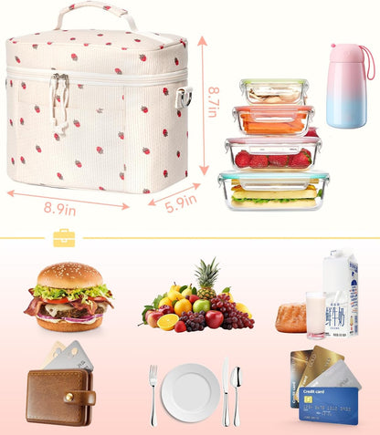 HowFly Lunch Bag Women Lunch Box for Women Cute Corduroy Insulated Lunch Bag Adult Large Cooler Lunch Tote Bags for Work Picnic Beach, Blue