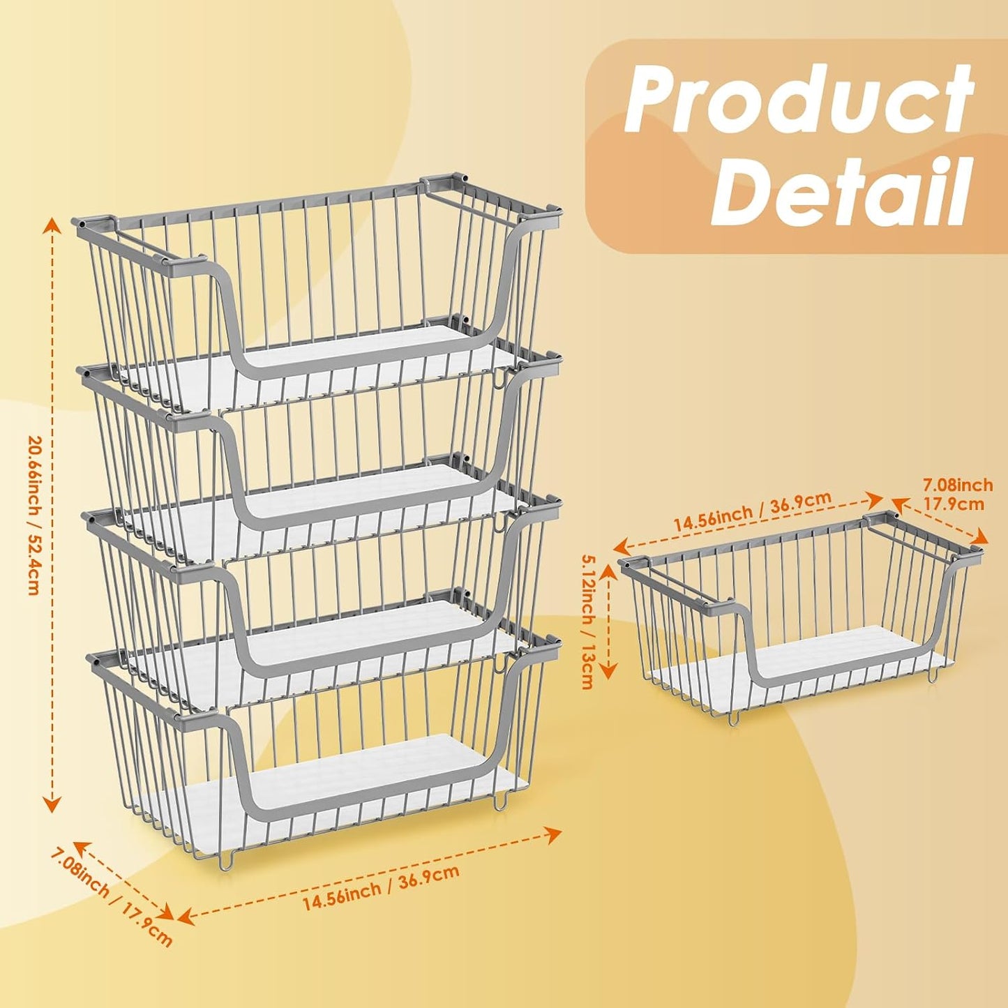 4 Pack Stackable Wire Baskets with Handles for Pantry Organizers and Storage, Fruit and Vegetable wire storage baskets, Potato and Onion Storage Bin, Metal Baskets for Organizing Snacks, Cans (White)