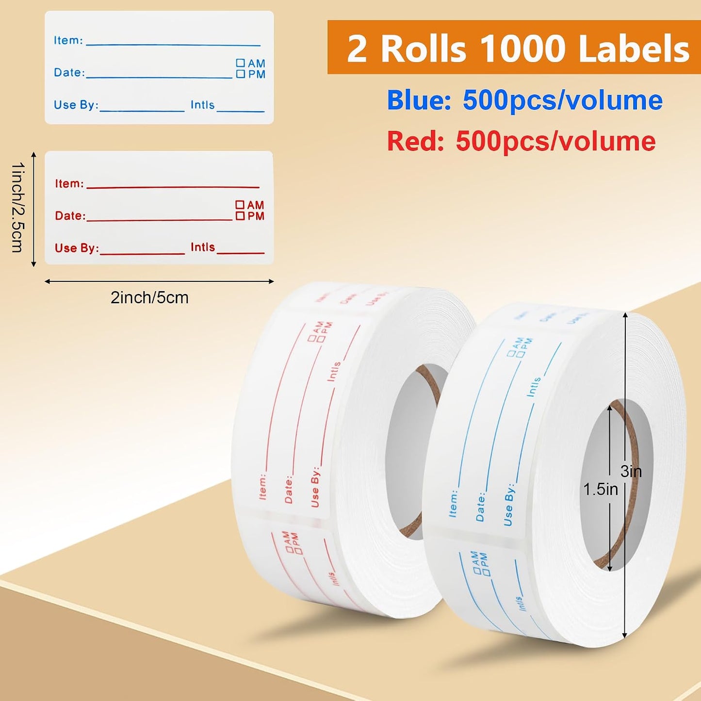 1000Pcs Food Labels, AIMEIKI 2 Rolls 1 x 2 Inch Removable Date Stickers Waterproof Food Storage Stickers for Freezer, Refrigerator, Food Containers Easy Clean No Residue