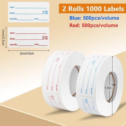 1000Pcs Food Labels, AIMEIKI 2 Rolls 1 x 2 Inch Removable Date Stickers Waterproof Food Storage Stickers for Freezer, Refrigerator, Food Containers Easy Clean No Residue