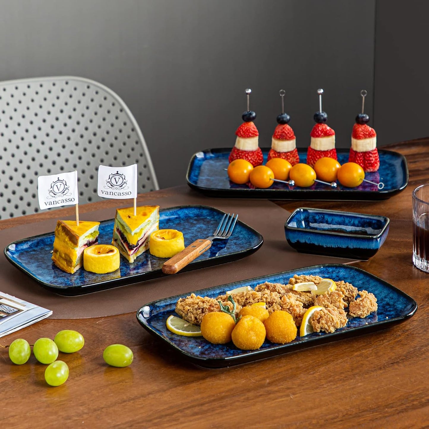 vancasso Stern Serving Platters Set of 3, 15/13/ 11 Inches Rectangular Serving Plates, Blue Serving Trays for Entertaining, Party