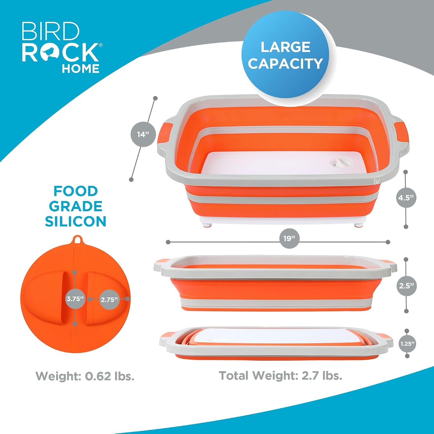 BIRDROCK HOME Collapsible Large BBQ Prep Tub w/Cutting Board, Multi-Function Grill Caddy w/Colander & Lid, Portable Silicone Dish Bowl for Picnic, Tailgate, Camping - Black