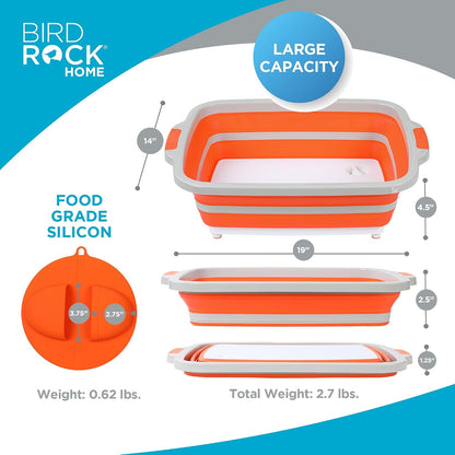 BIRDROCK HOME Collapsible Large BBQ Prep Tub w/Cutting Board, Multi-Function Grill Caddy w/Colander & Lid, Portable Silicone Dish Bowl for Picnic, Tailgate, Camping - Black
